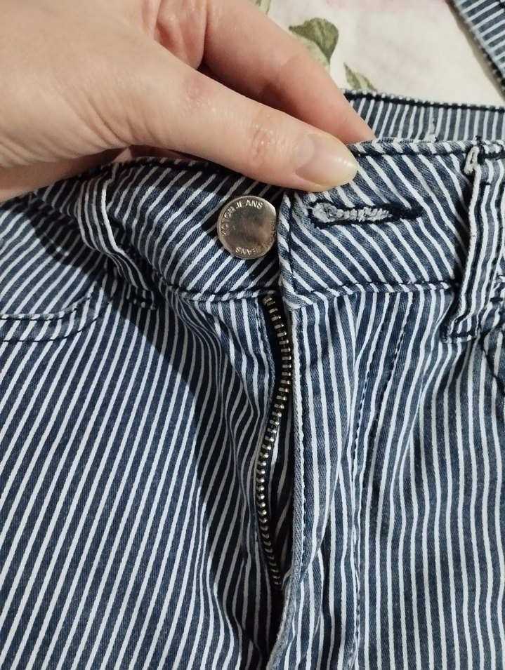 koton mavü beyaz çizgili keten pantolon - Görsel 4