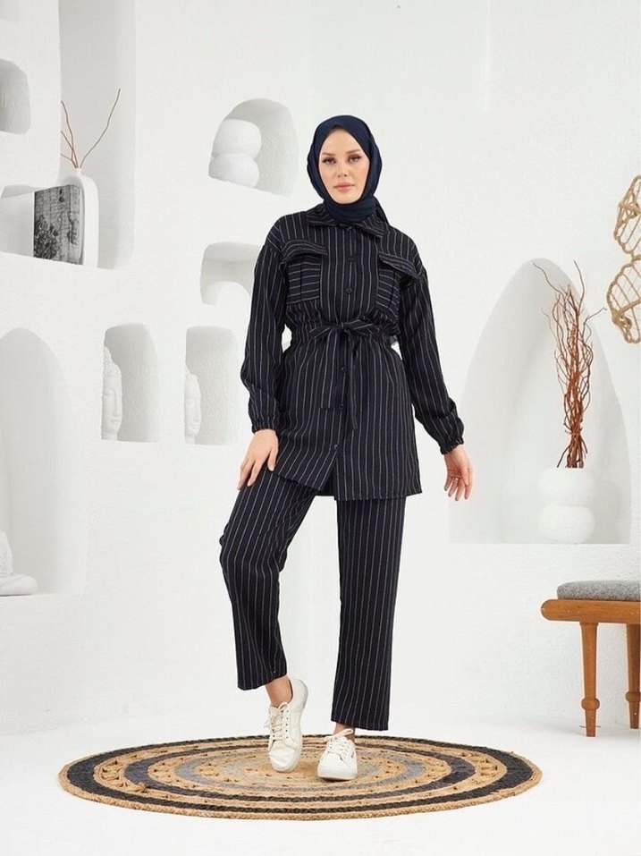 Kemerli Siyah Zebra Desenli Kadın Takım - Görsel 2