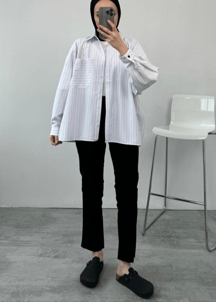 Zebra Çizgili Beyaz Kadın Gömlek - Görsel 2