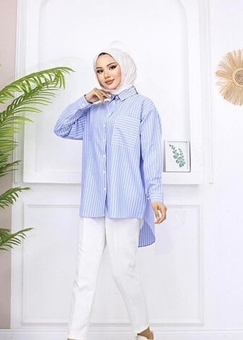 Mavi Çizgili Pamuklu Uzun Kollu Gömlek - Görsel 2