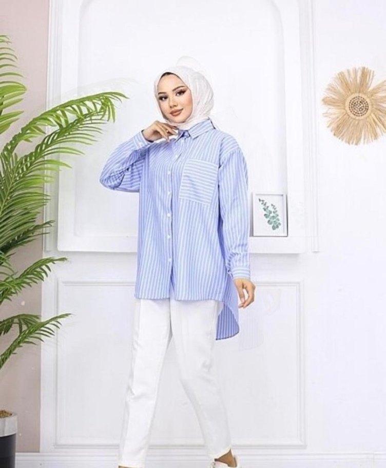 Mavi Çizgili Pamuklu Uzun Kollu Gömlek - Görsel 2