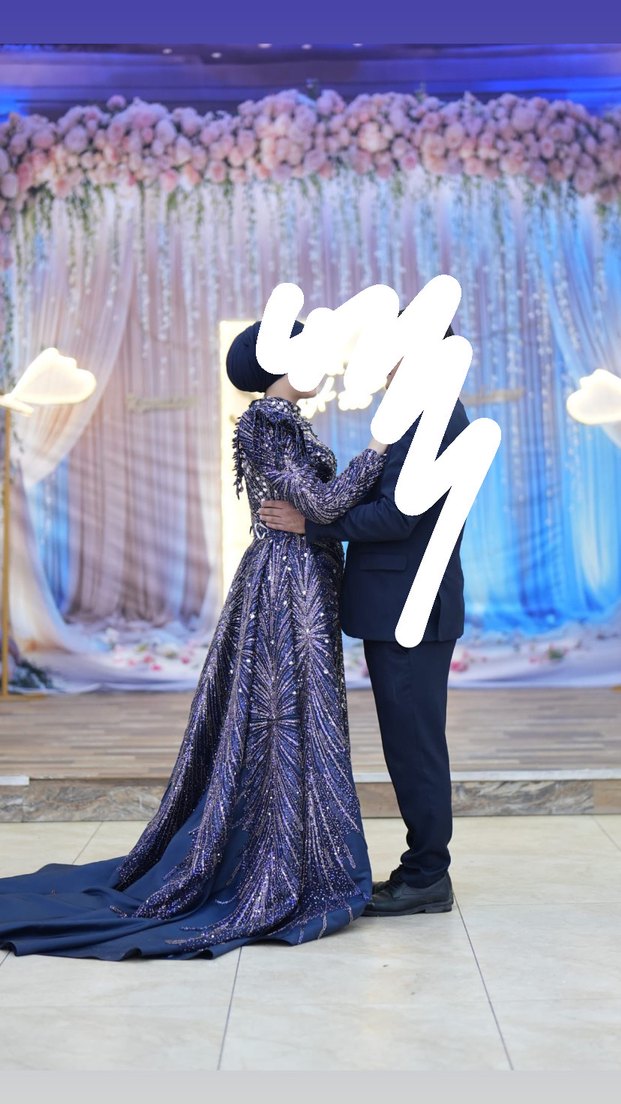 Uzun Kollu lacivert Payetli Abiye Elbise - Görsel 2