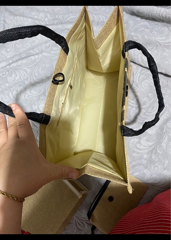 3 PARÇA HASIR ÇANTA MAKYAJ ÇANTASI MİNİ CÜZDAN SETİ - Görsel 4