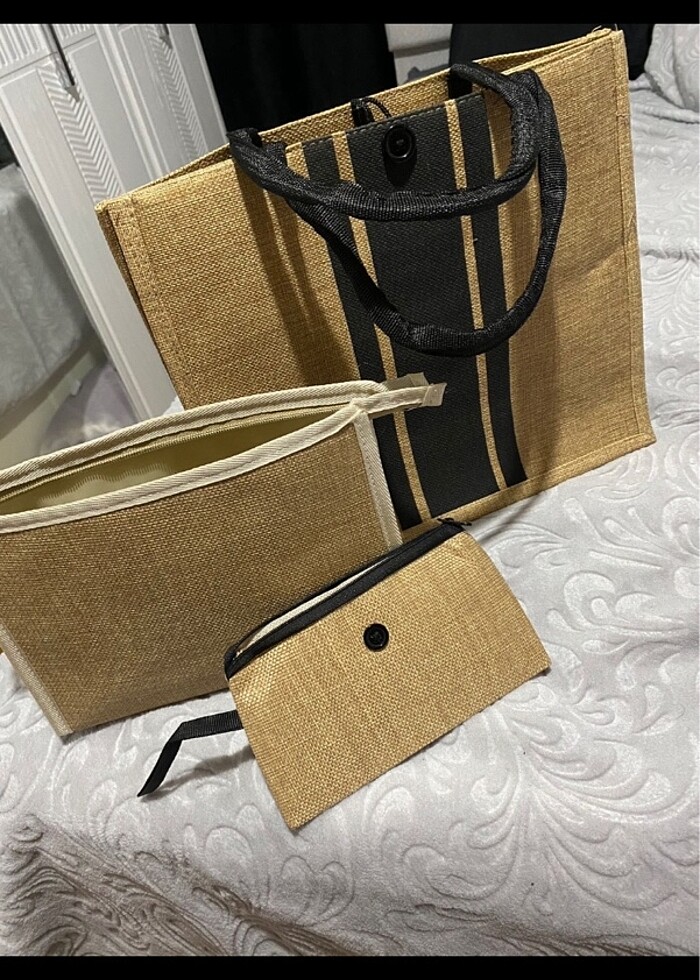 3 PARÇA HASIR ÇANTA MAKYAJ ÇANTASI MİNİ CÜZDAN SETİ - Görsel 3