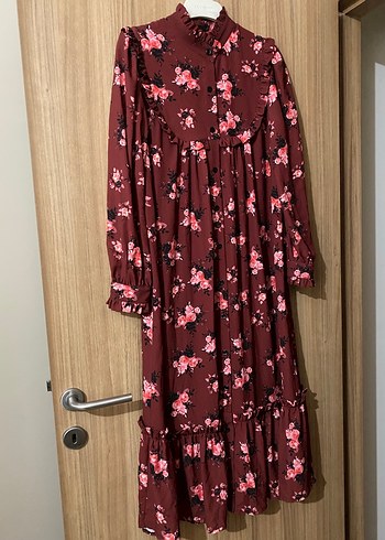 Bordo Çiçek Desenli Uzun Bohem Elbise
