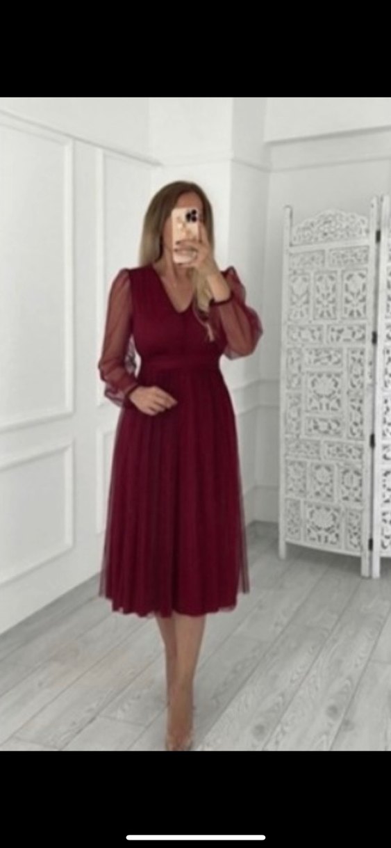 Bordo Uzun Kollu Gotik V Yaka Elbise - Görsel 2