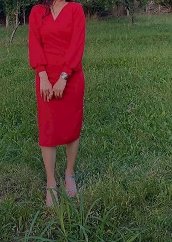 s Beden kırmızı Renk Uzun Kollu Kırmızı V Yaka Kalem Elbise