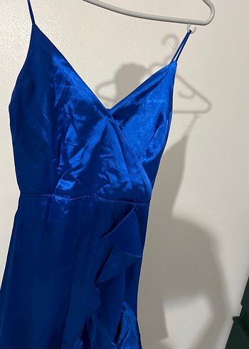 Uzun Mavi V Yaka Drapeli Kadın Abiye - Görsel 3