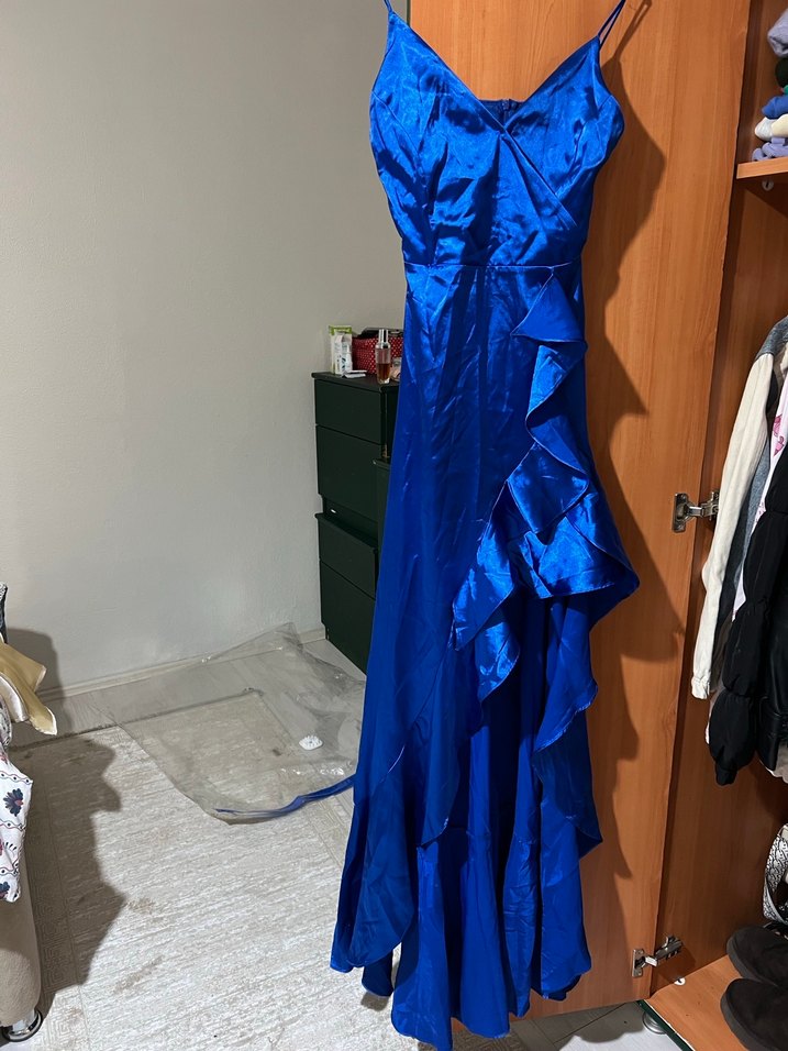 Uzun Mavi V Yaka Drapeli Kadın Abiye - Görsel 4