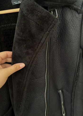 Kürk Detaylı Siyah Deri Biker Ceket - Görsel 2