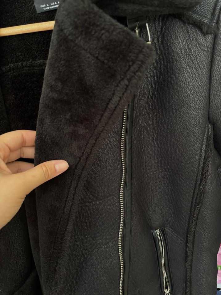 Kürk Detaylı Siyah Deri Biker Ceket - Görsel 2