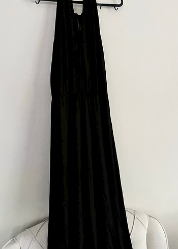 Siyah Keten halter yaka uzun elbise - Görsel 3