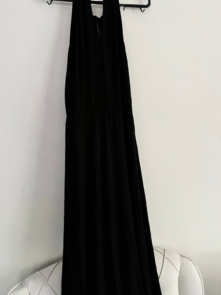 Siyah Keten halter yaka uzun elbise - Görsel 3