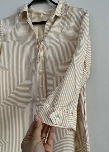 Bej Düğmeli Uzun Kollu Keten Midi Gömlek YARGICI - Görsel 3