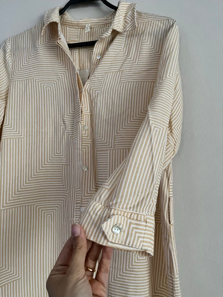 Bej Düğmeli Uzun Kollu Keten Midi Gömlek YARGICI - Görsel 3