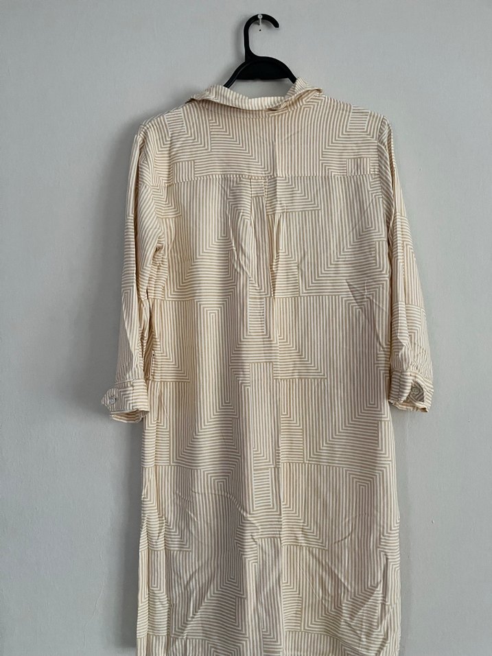 Bej Düğmeli Uzun Kollu Keten Midi Gömlek YARGICI - Görsel 4