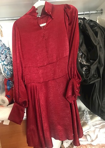 Bordo Saten Vintage kısa elbise