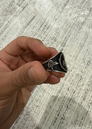 Siyah Parlak Erkek Yüzük 925 Ayar Gümüş Osmanlı Tuğrası - Görsel 2
