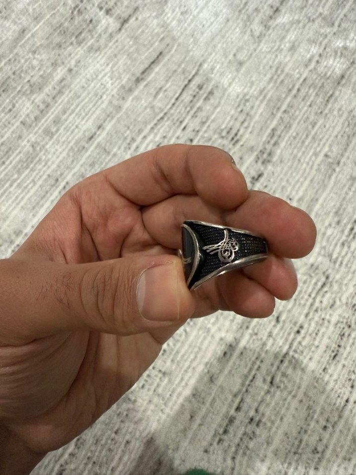 Siyah Parlak Erkek Yüzük 925 Ayar Gümüş Osmanlı Tuğrası - Görsel 3