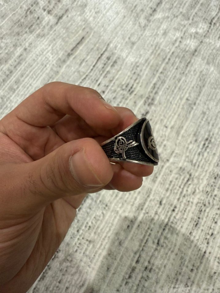 Siyah Parlak Erkek Yüzük 925 Ayar Gümüş Osmanlı Tuğrası - Görsel 2