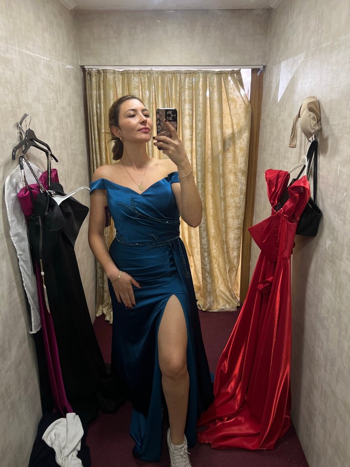 Petrol mavisi Uzun Drapeli Abiye Elbise - Görsel 3