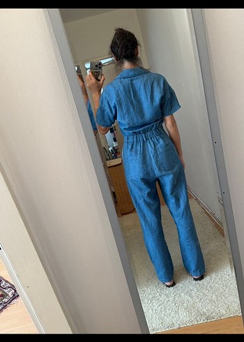 V Yaka Kısa Kollu Lacivert Denim Tulum zara - Görsel 2