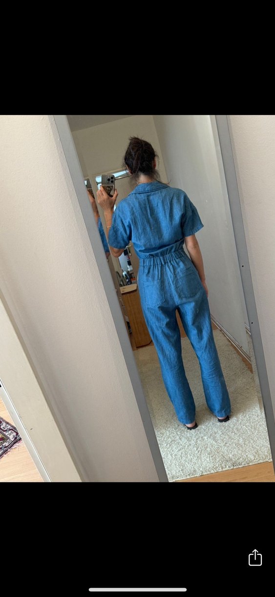 V Yaka Kısa Kollu Lacivert Denim Tulum zara - Görsel 2