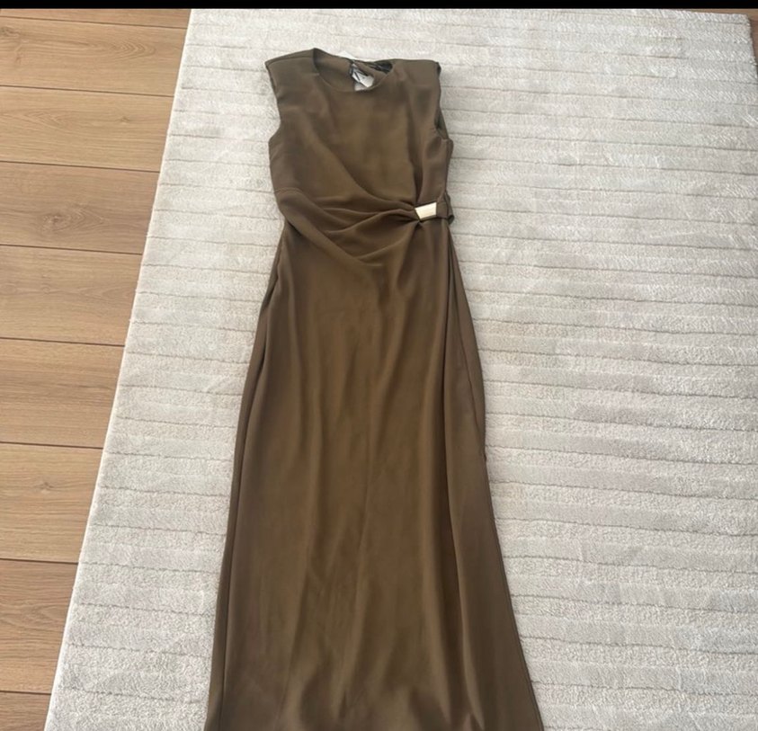 Zara Kemer Detaylı haki  Uzun Elbise - Görsel 3