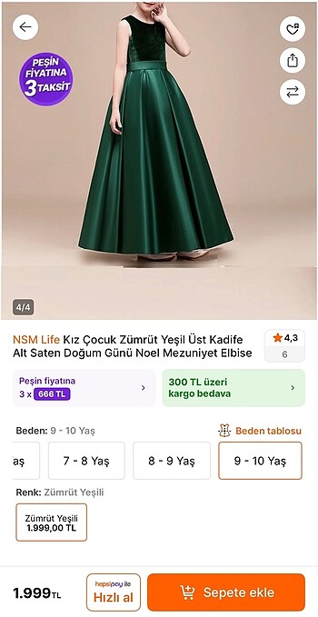 11-12 Yaş Beden yeşil Renk 11-12 yaş abiye çocuk elbise