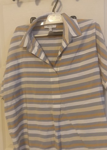 Bej Çizgili Kısa Kollu Kadın Gömlek - Görsel 3