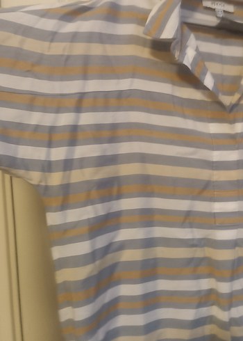 Bej Çizgili Kısa Kollu Kadın Gömlek - Görsel 2