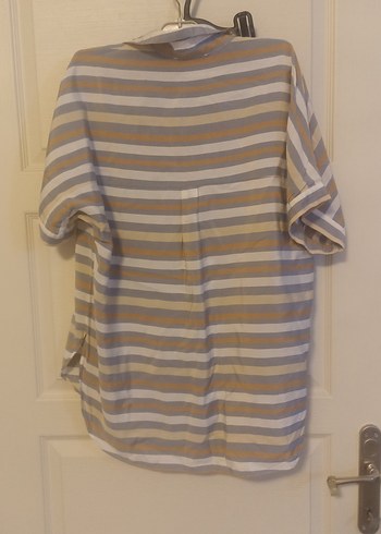 Bej Çizgili Kısa Kollu Kadın Gömlek - Görsel 5