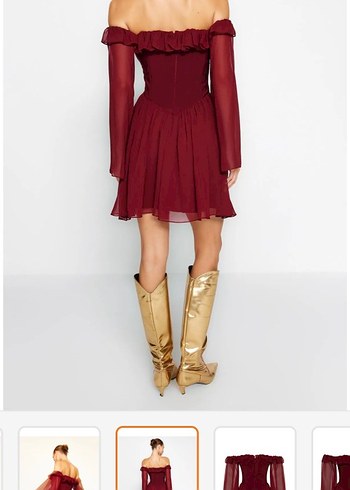 Bordo Drapeli Midi Mezuniyet Elbisesi - Görsel 4