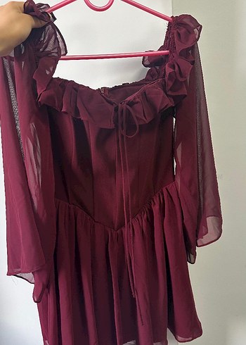 Bordo Drapeli Midi Mezuniyet Elbisesi - Görsel 5