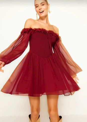 Bordo Drapeli Midi Mezuniyet Elbisesi - Görsel 2