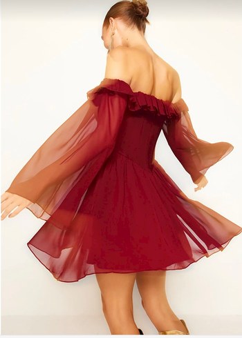 Bordo Drapeli Midi Mezuniyet Elbisesi - Görsel 3