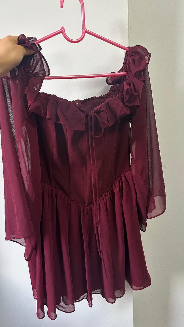 Bordo Drapeli Midi Mezuniyet Elbisesi - Görsel 5