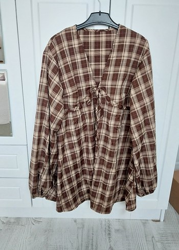 Shein missguided Kahverengi Ekose V Yaka kısa elbise - Görsel 3