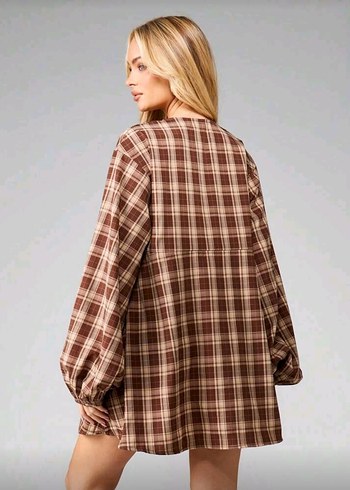 Shein missguided Kahverengi Ekose V Yaka kısa elbise - Görsel 2