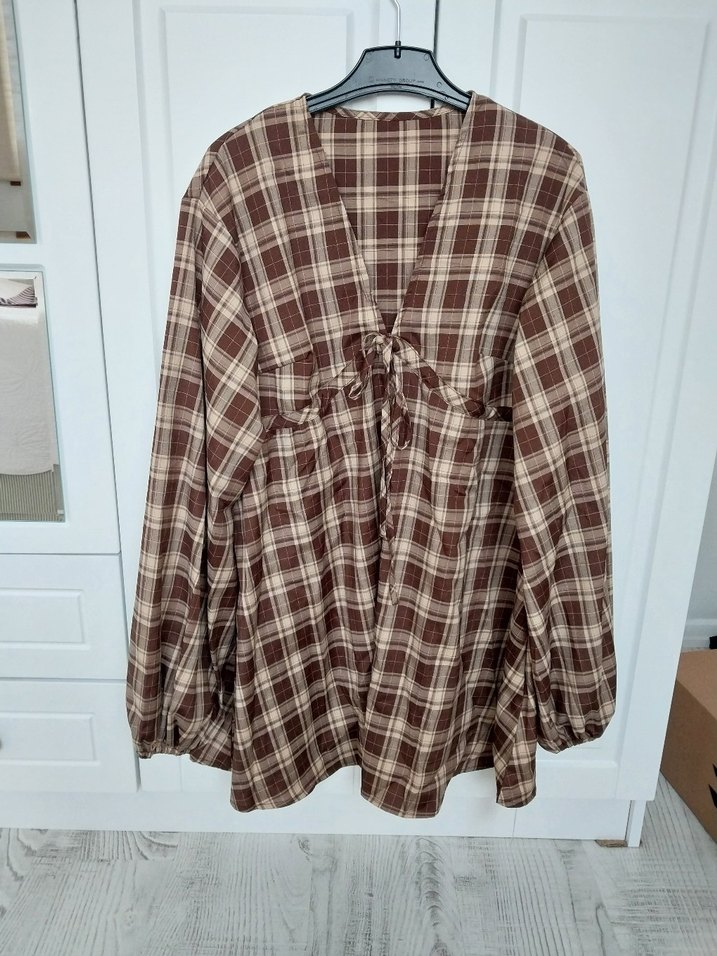 Shein missguided Kahverengi Ekose V Yaka kısa elbise - Görsel 3