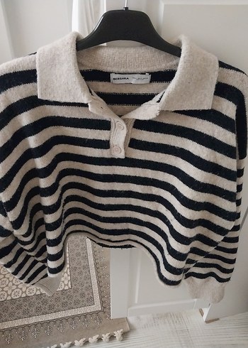 Çizgili Polo Yaka Triko kazak - Görsel 3