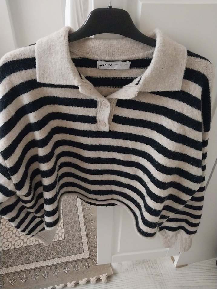 Çizgili Polo Yaka Triko kazak - Görsel 3