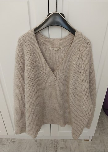 Bej V Yakalı Örgü triko Kadın Kazak - Görsel 2