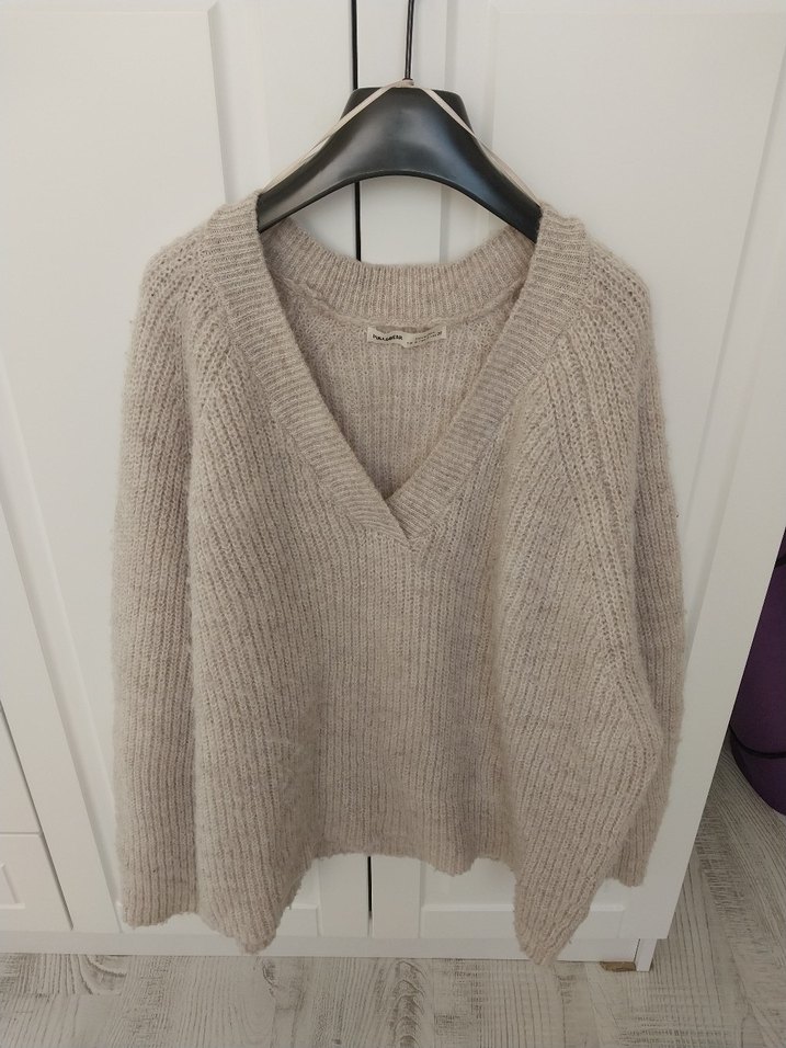 Bej V Yakalı Örgü triko Kadın Kazak - Görsel 2