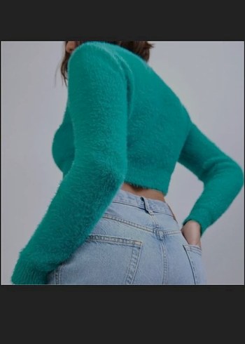 mücevher düğme crop peluş tüylü hırka - Görsel 2