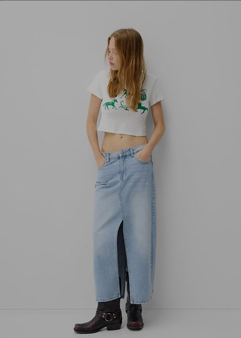 bershka Yırtmaç detay Midi Kot Etek