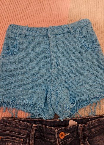 Kız çocuk Mavi Triko Mini Kot Şort - Görsel 3