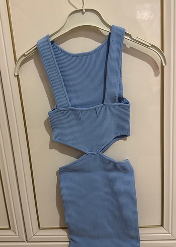 Mavi Mini Triko Elbise, Kolsuz, Yüksek Yaka - Görsel 3