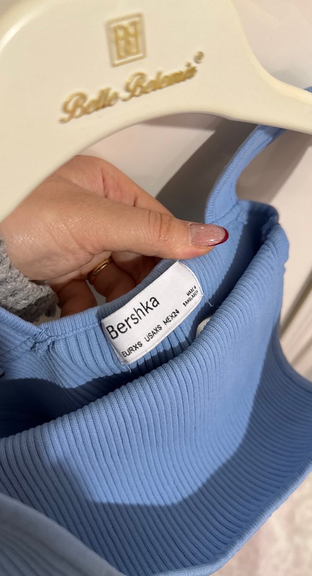 Mavi Mini Triko Elbise, Kolsuz, Yüksek Yaka - Görsel 2