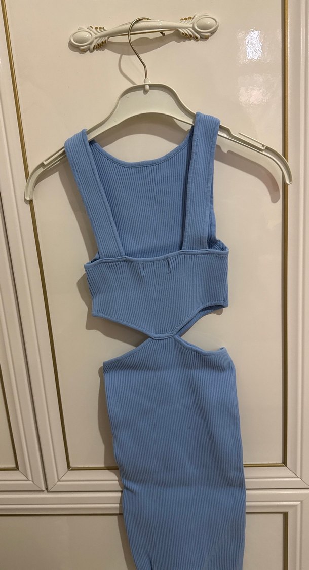 Mavi Mini Triko Elbise, Kolsuz, Yüksek Yaka - Görsel 3